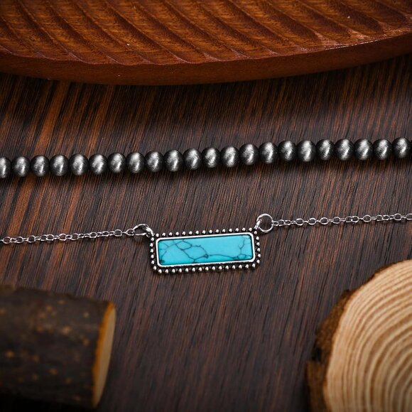 Navajo Pearl Necklace Western Jewelry for Women Turquoise Heart Bar Pendant Neck - Picture 3 of 4